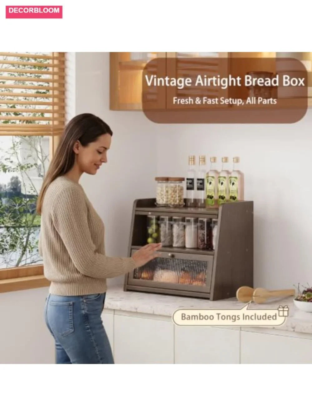 Large Bamboo Bread Box Acrylic Wavy Door Kitchen Countertop Storage